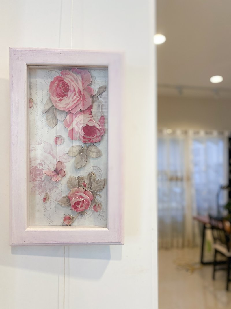 Rose romantic mural wooden frame French collage technique hand-made home decoration - Wall Décor - Plants & Flowers Pink