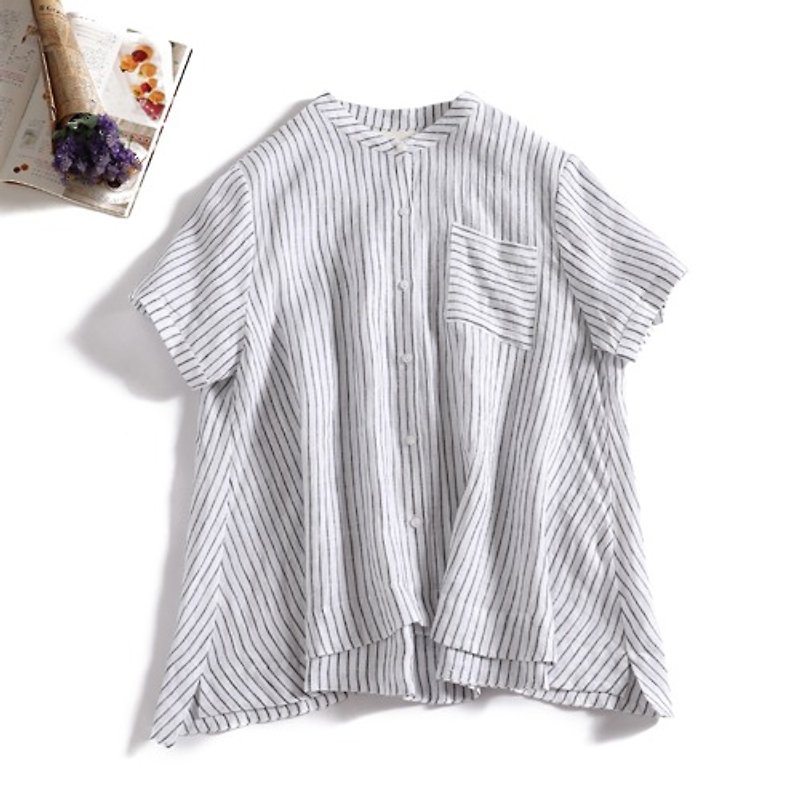Rough and refreshing, exquisite Linen shirt top, 100% Linen, short sleeve, striped, 190710-8 - Women's Tops - Cotton & Hemp 