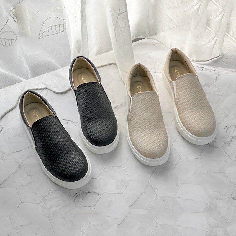 Textured woven pattern stitching slip-on shoes-black/apricot 1BC96 - รองเท้าบัลเลต์ - หนังเทียม สีดำ