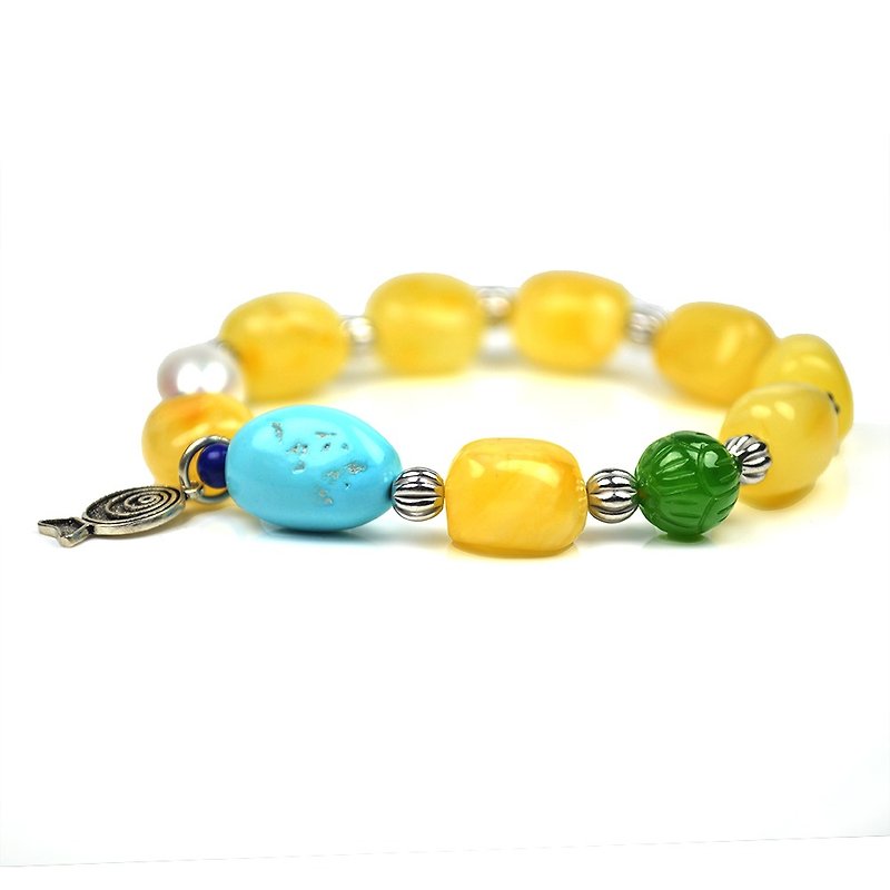 Amber Unshaped Gold Amber With Turquoise and Nephrite Bracelets - Bracelets - Semi-Precious Stones Multicolor