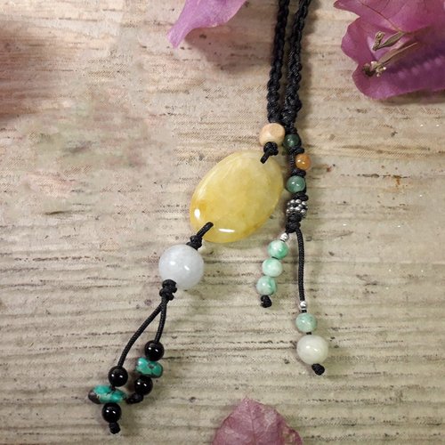 ペンダント ハニーイエロービルマ翡翠 +ブラック瑪瑙 + 瑪瑙 +