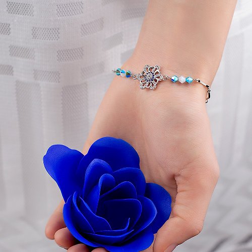 ADORN & FANCY 【玫瑰園】花朵土耳其藍水晶純銀伸縮手鍊 純銀抗敏 女友禮物