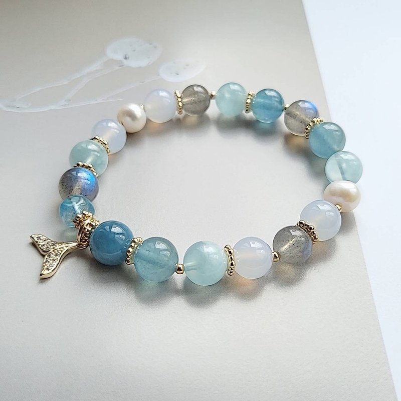 Peach Blossom Communication Noble/Grey Moonlight Freshwater Pearl Blue Chalcedony Aquamarine Bracelet - Bracelets - Crystal 