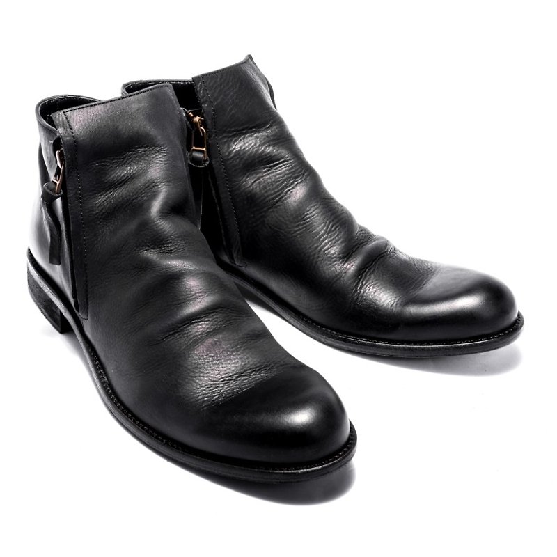 ARGIS 雅痞双拉练 models leather boots #12112黑-Japan handmade - รองเท้าหนังผู้ชาย - หนังแท้ สีดำ