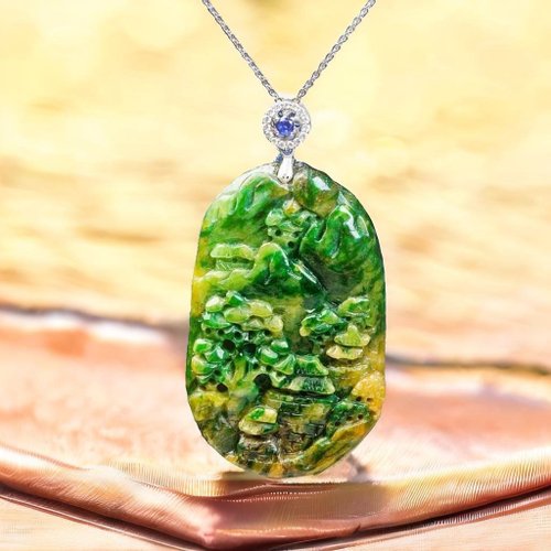 古い三色の翡翠の風景ブランド ペンダント 925 スターリング