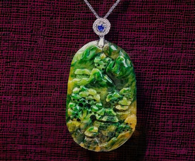 天然翡翠A級 手工細密雕 山水紋 吊墜 根付 裝身具 希少貴重 天然翡翠冰糯種吊墜山水雕刻玉石吊墜男女適用玉墜項鍊緬甸