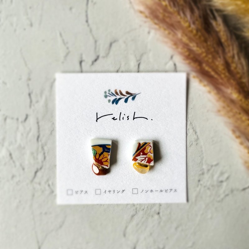 [Resale] Arita ware garden quartz gold pierced Clip-On non-pierced earrings natural stone one-of-a-kind gold white yellow blue - ต่างหู - ดินเผา สีเหลือง