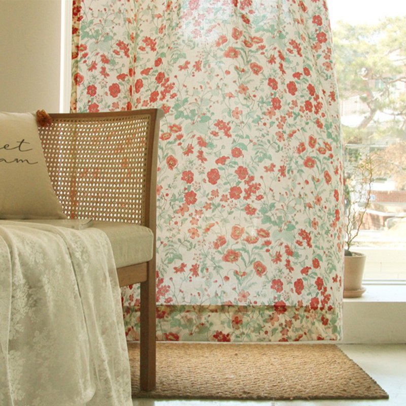 Warm red floral pure cotton translucent curtains_Korean curtains and door curtains are available in stock and quickly arrive at your door Korean drama style - ม่านและป้ายประตู - ผ้าฝ้าย/ผ้าลินิน 