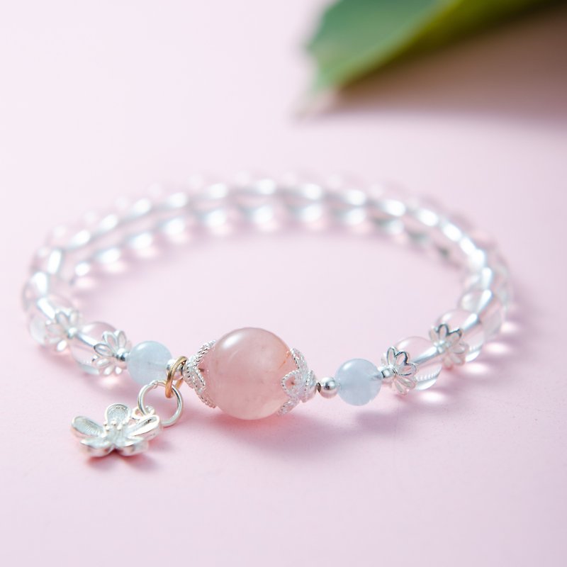 Clear Quartz, Rose Quartz, Aquamarine 925 Natural Gemstone Crystal Bracelet - สร้อยข้อมือ - คริสตัล สึชมพู
