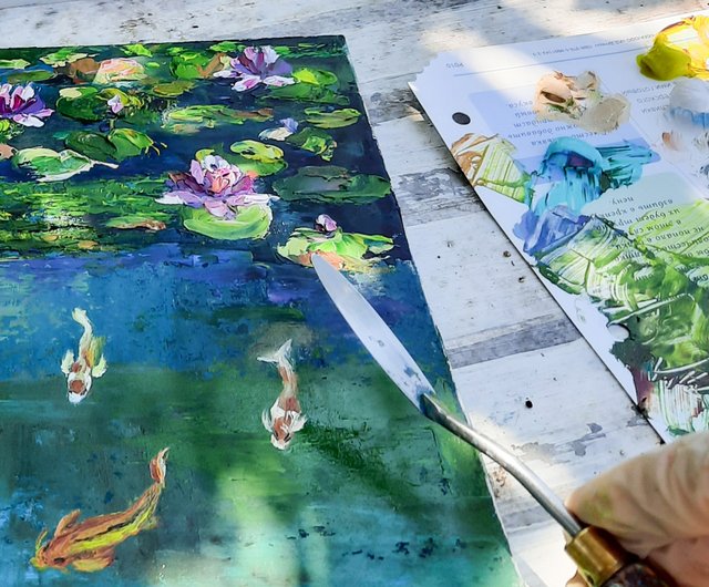 池の絵睡蓮の絵オリジナルの油絵小さな壁の芸術抽象 - ショップ