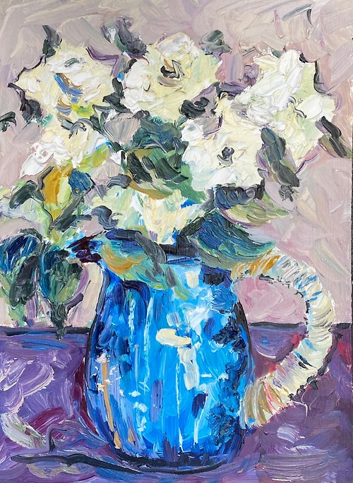 Gala 藍色水罐中的奶油玫瑰油畫野獸派畫家印象派鮮花花束
