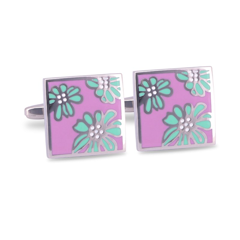 Bright Pink Enamel Floral designed Cufflinks - Cuff Links - Other Metals Pink