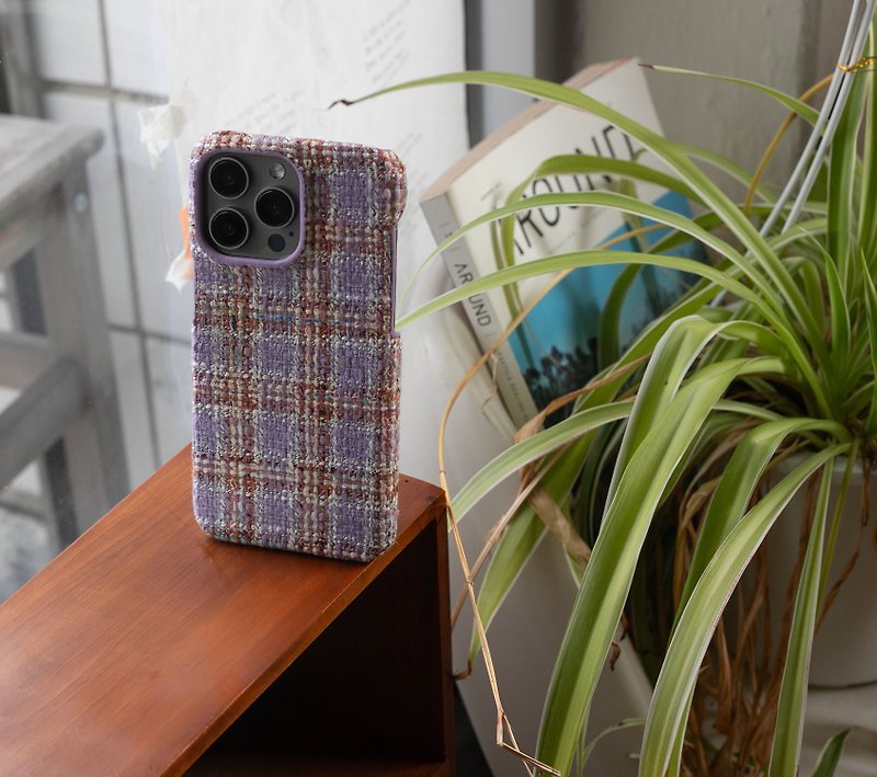 特威德 紫 春季風格 手機殼 iPhone 15 專業版 銀河S24 - スマホケース - コットン・麻 ピンク