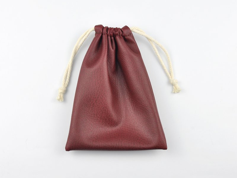 Soft PU Leather Drawstring Bag, Small String Pouch, Gift Bag, Wine Red - กระเป๋าเครื่องสำอาง - หนังเทียม สีแดง