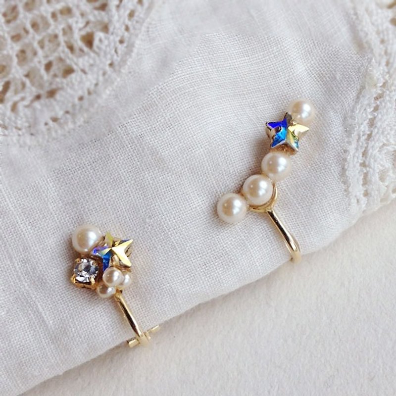 14kgf Vintage Pearl and star of the ear clip (Mimi夾) - Earrings & Clip-ons - Glass White