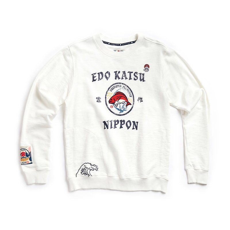 Edo Katsuri Ebisu fleece sweater - men's (off-white) #衣 - Men's T-Shirts & Tops - Cotton & Hemp White