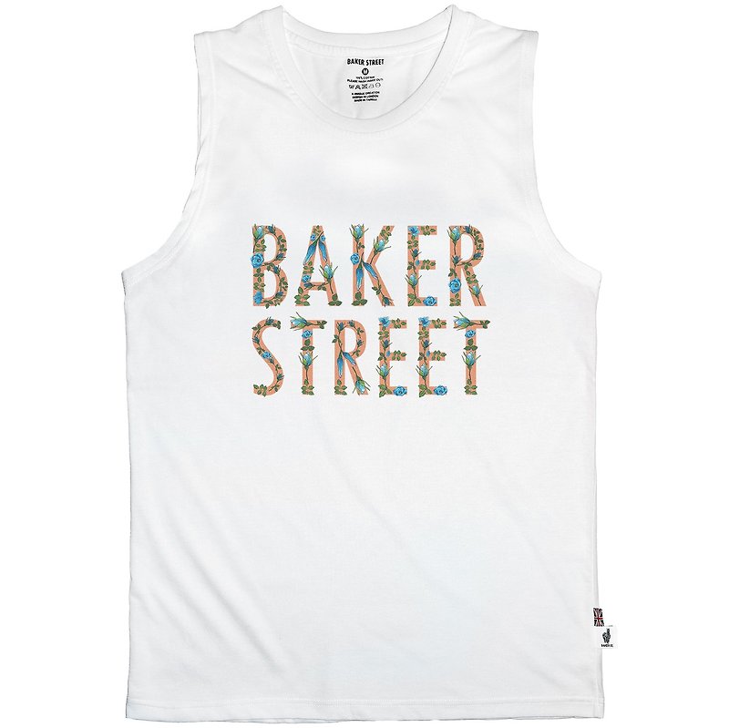 British Fashion Brand -Baker Street- Floral Letters Printed Tank Top - เสื้อกั๊กผู้ชาย - ผ้าฝ้าย/ผ้าลินิน ขาว