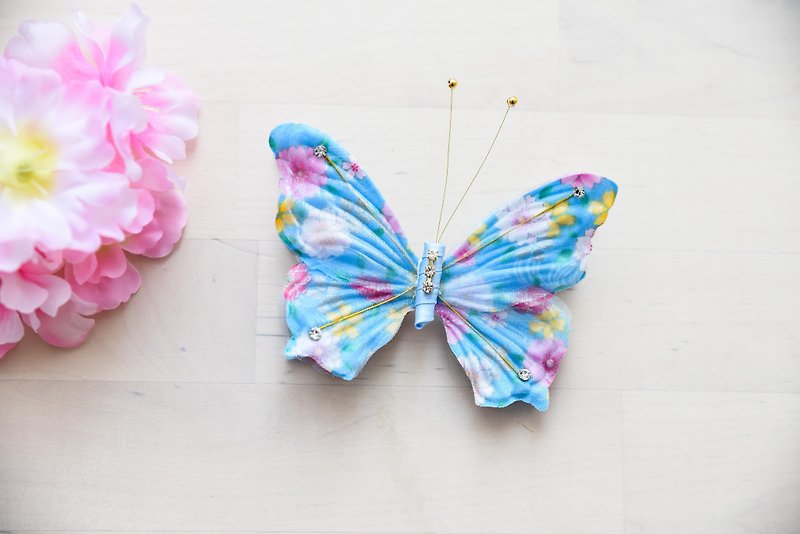Butterfly hair accessories blue flower - เครื่องประดับผม - ผ้าฝ้าย/ผ้าลินิน 