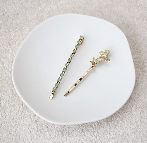 天堂鳥手工飾品 翠綠水晶蝴蝶髮夾套組