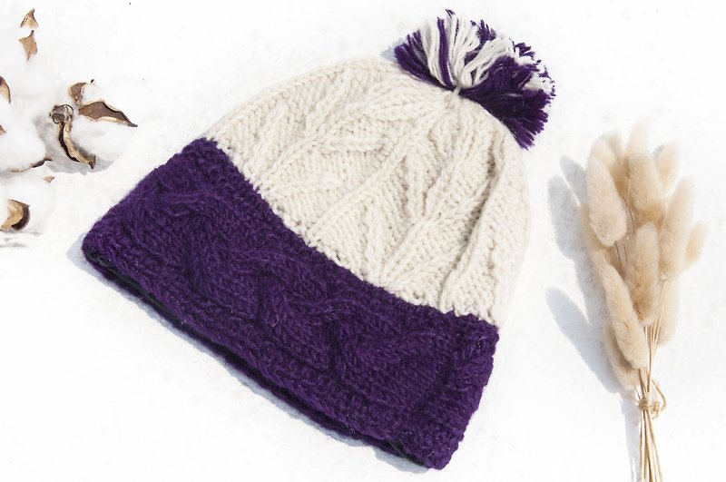 Mountaineering hat, camping hat, travel hat, snow hat, contrast woolen hat, Christmas gift, hand-knitted pure wool hat/knitted hat/knitted woolen hat/inner bristles, hand-knitted woolen hat/knitted hat-cake - หมวก - ขนแกะ หลากหลายสี