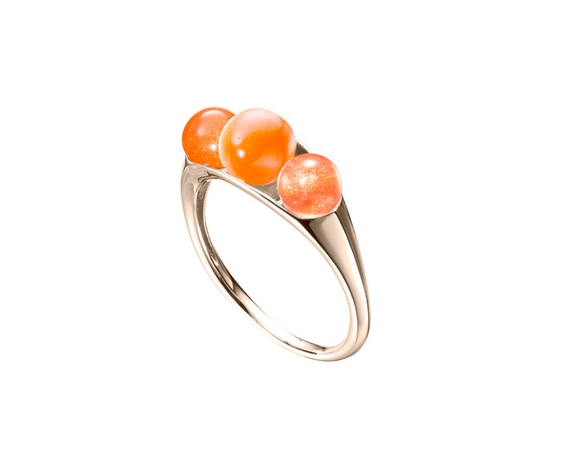 太陽石戒指 14k黃金三石戒指 橘金清新女戒 訂婚戒指 守護石戒指 - 戒指 - 貴金屬 橘色