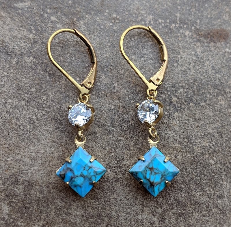 藍紋玻璃鋯石黃銅耳環 - 耳環/耳夾 - 玻璃 藍色
