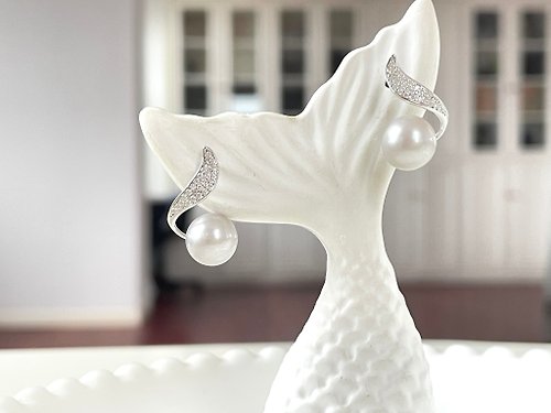 Athena珍珠設計 天然海水珍珠 akoya 真多麻 純銀 滿鑲 耳環