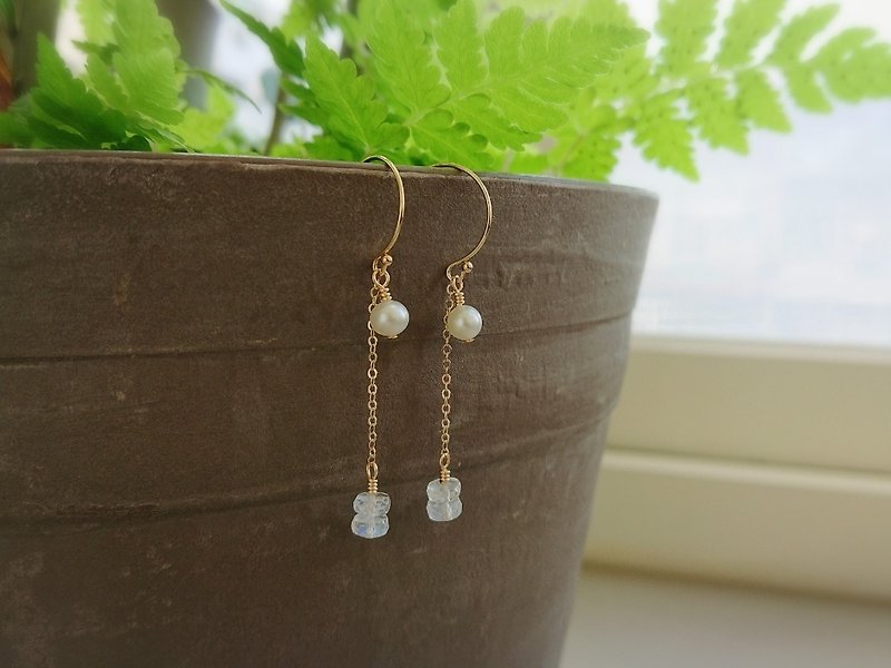 Rainbow Moonstone Faceted Rondelles Freshwater Pearls 14K GF Dangling Earrings - Earrings & Clip-ons - Gemstone White