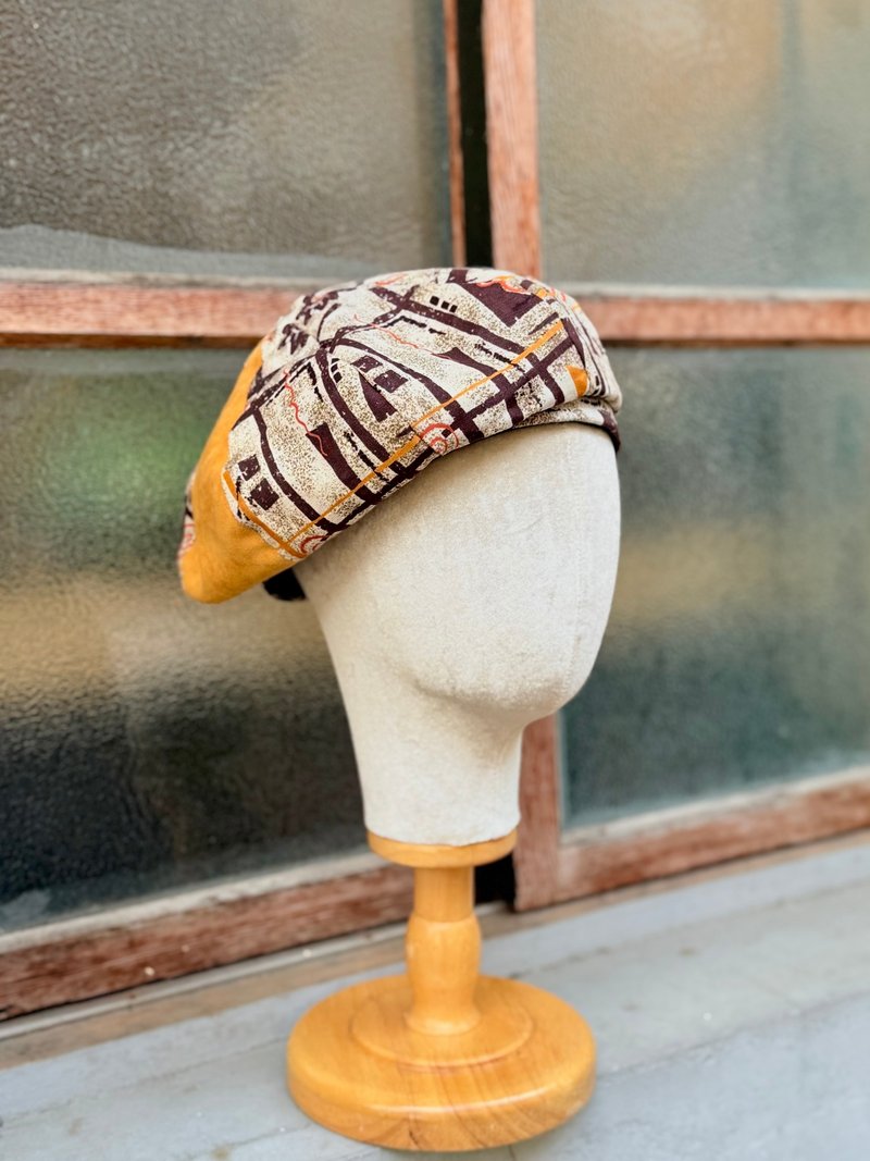 小牛村/ 黃咖 貝雷帽 拼接 拼色 復古 圖騰 手工帽 輕薄 - 帽子 - 棉．麻 橘色