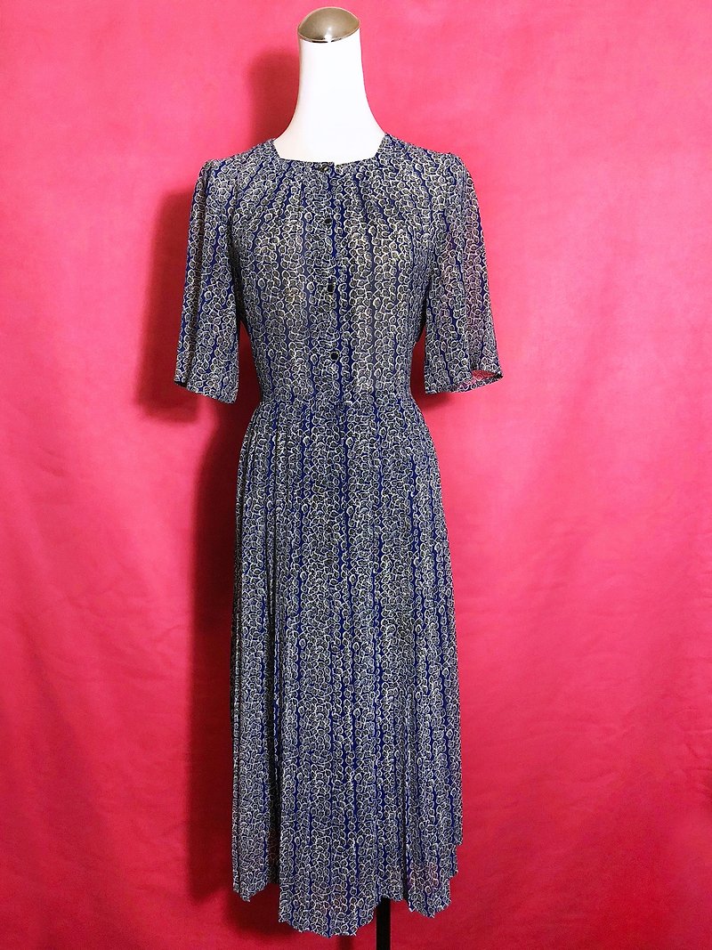 寶藍葉片短袖古著洋裝 / 國外帶回 VINTAGE - 連身裙 - 聚酯纖維 藍色