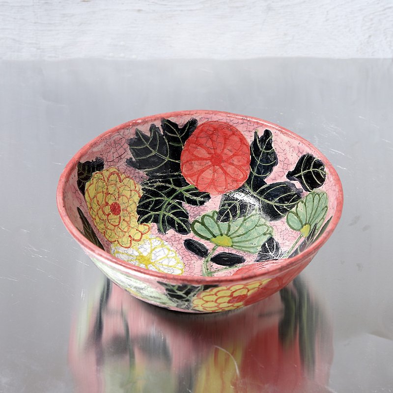 Like an antique, a bowl of chrysanthemum in a peach ground - ถ้วยชาม - ดินเผา สึชมพู