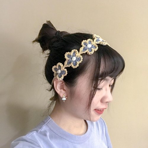 かわいいパイピングフラワーハンドかぎ針編みヘアバンド - ショップ 青