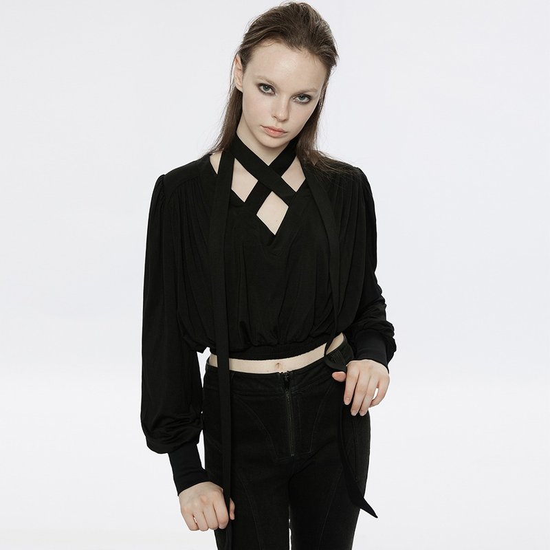 Pagan Warlock Streamer Cropped Top / Oversized Fit - เสื้อผู้หญิง - วัสดุอื่นๆ สีดำ