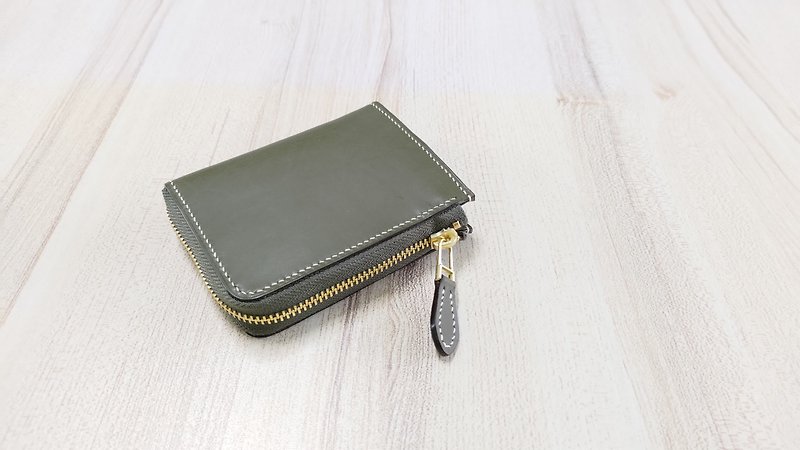 L-shaped zipper short clip (olive green) (10×9.5) genuine leather fully hand-stitched - Wallets - Genuine Leather 