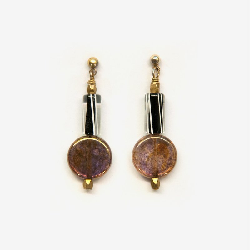 Round Bronze and Black Glass beads Geometric Earrings - ต่างหู - โลหะ สีดำ