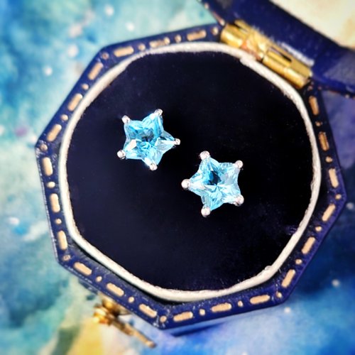Tamasii Jewellery 小星星瑞士藍託帕石電鍍18K白金純銀耳環