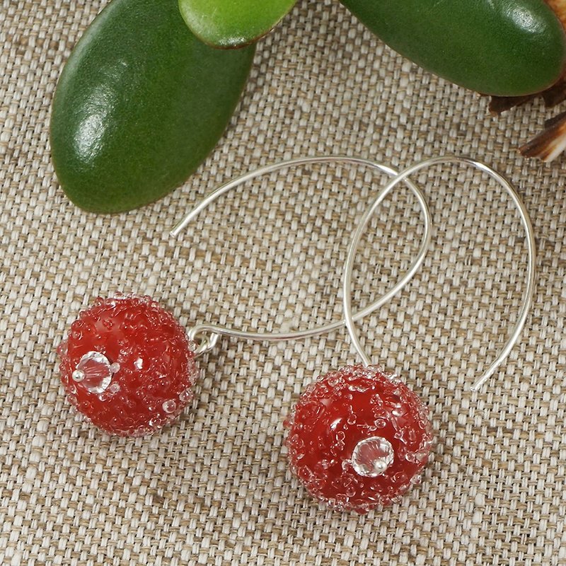 Cherry Red Lampwork Murano Glass Sterling Silver Long Hook Earrings Jewelry Gift - 耳環/耳夾 - 玻璃 紅色