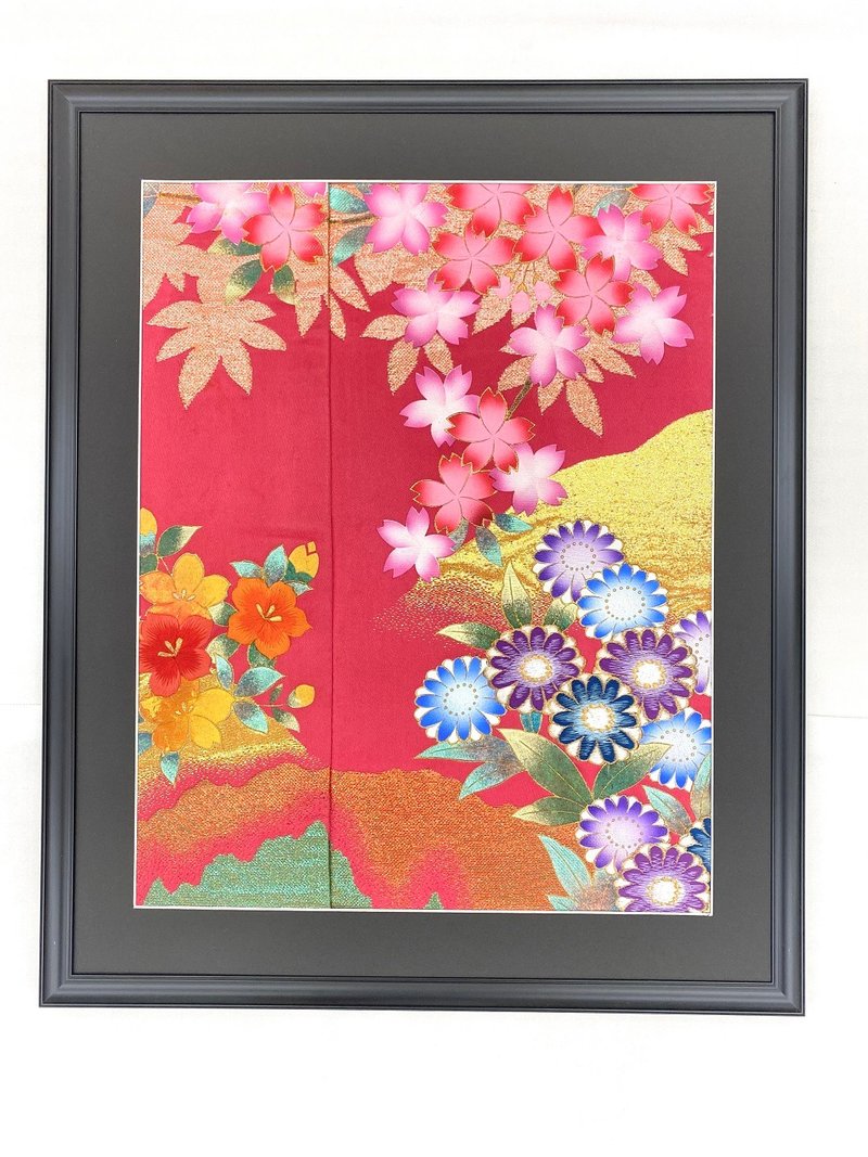 色打掛からつくるアートパネル　vintage kimono  刺繍着物 和モダン 和風インテリア プレゼント 花柄 結婚祝 新築祝  縁起物 額装インテリア55 - 壁貼/牆壁裝飾 - 絲．絹 粉紅色