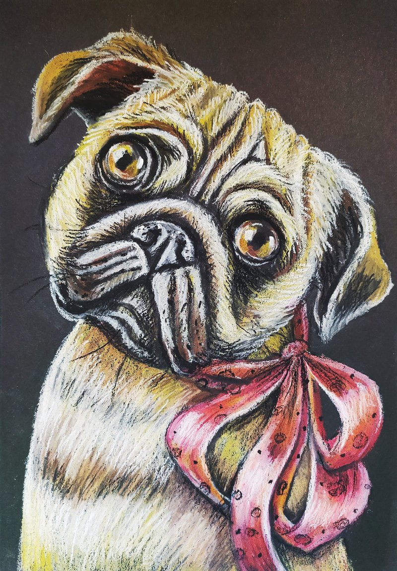 Portrait of a pug with a bow oil pastel original work animal original painting - 壁貼/牆壁裝飾 - 紙 咖啡色