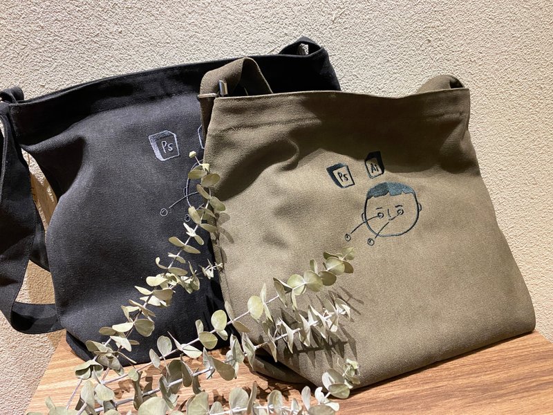 KENJI脫窗 刺繡 水洗帆布 肩背包 兩色 (綠/黑) - 側背包/斜背包 - 棉．麻 
