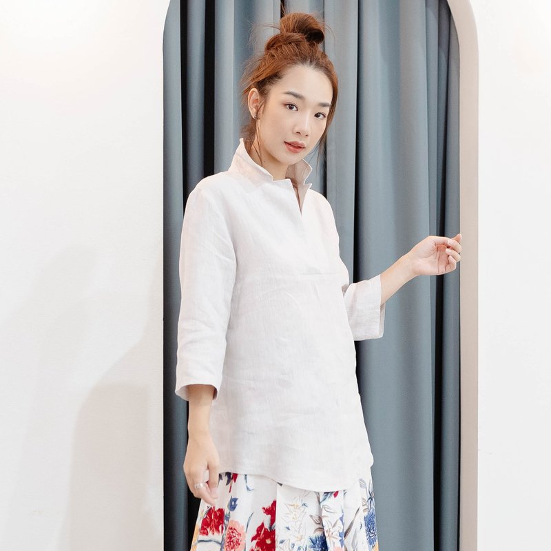 Natural Linen Shirt Minimal Shirt Three-Quarter Sleeves Shirt - Silver - 女上衣/長袖上衣 - 亞麻 銀色