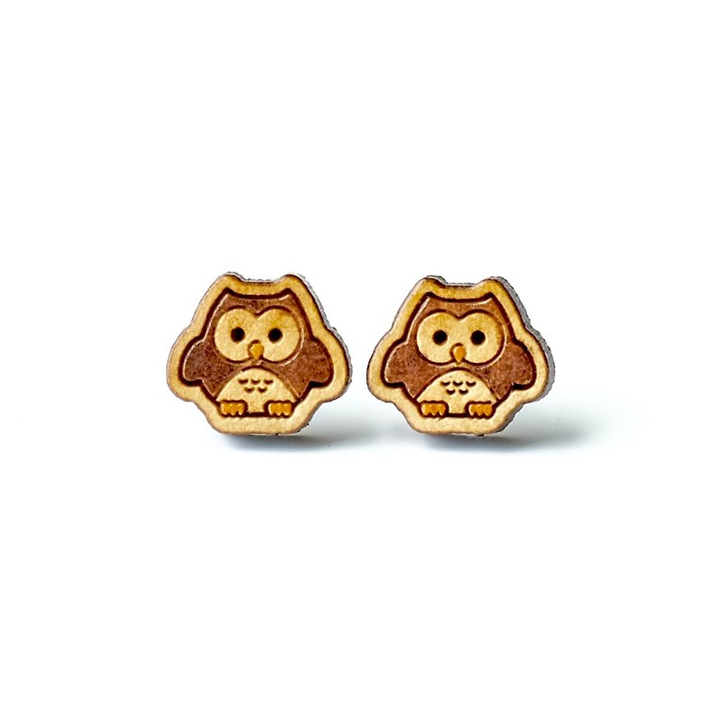 Painted wood earrings-Owl - ต่างหู - ไม้ สีนำ้ตาล