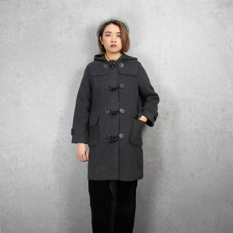 Tsubasa.Y Antique House A09 Iron Grey Double-faced Velvet Horn Button Coat, Duff Coat Jacket - Women's Casual & Functional Jackets - Wool Gray
