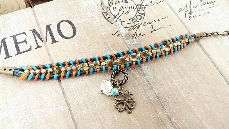 § HUKUROU§ leather copper beads / crystal braided bracelet - Bracelets - Other Metals 