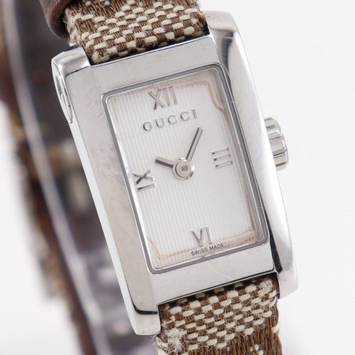 440 GUCCI レディース 時計 8600L キャンバス柄 シルバー　華奢 日本直送】グッチ GUCCI 腕時計 8600L SS×GGキャンバス クオーツ