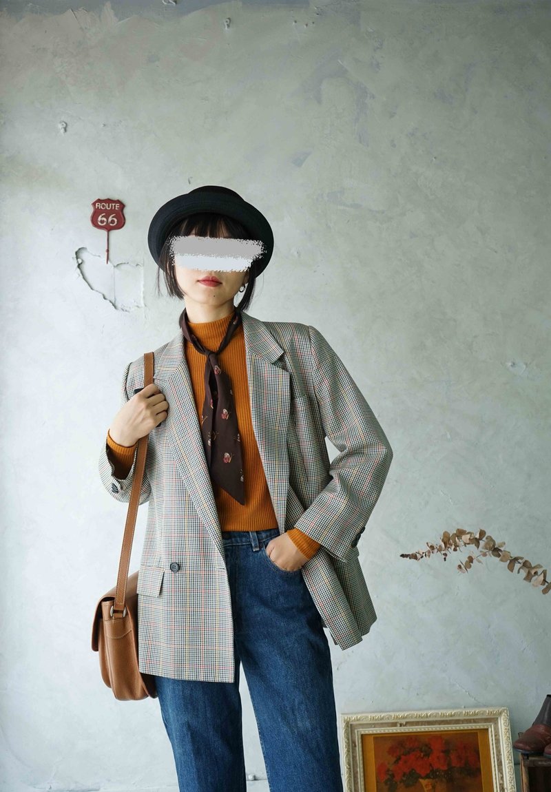 尋寶古著-DAKS經典灰千鳥格修身雙排西裝外套 - 女西裝外套 - 羊毛 灰色