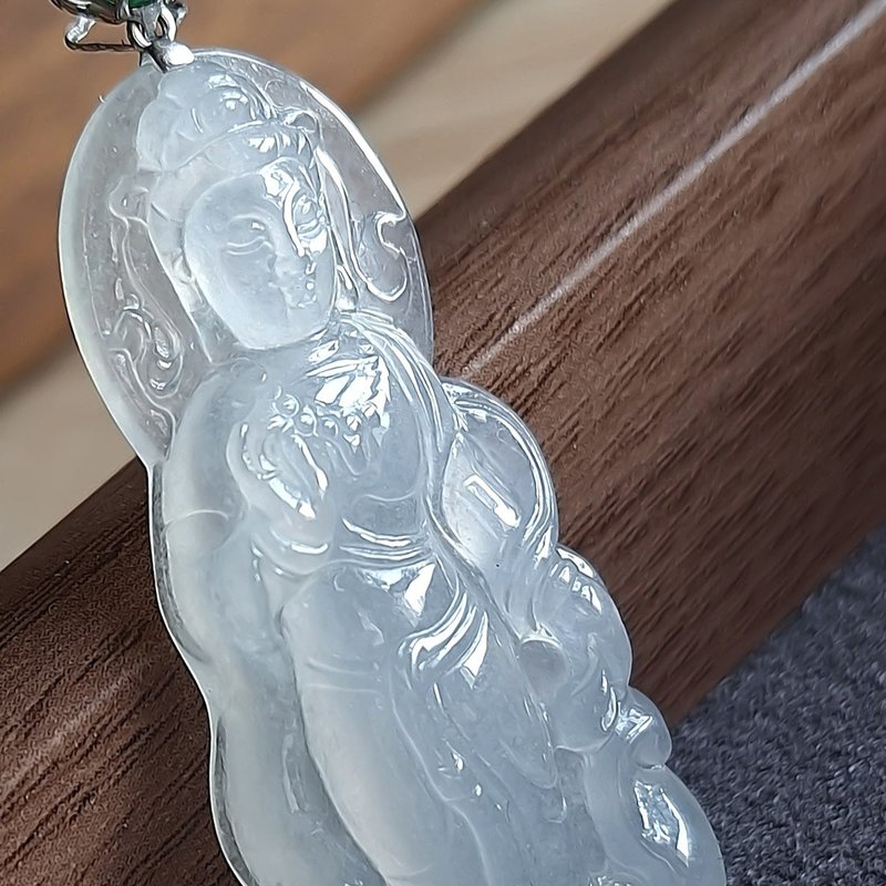 White jadeite Guanyin pendant | Natural Burmese jadeite | 18k real gold | jade - Necklaces - Jade White