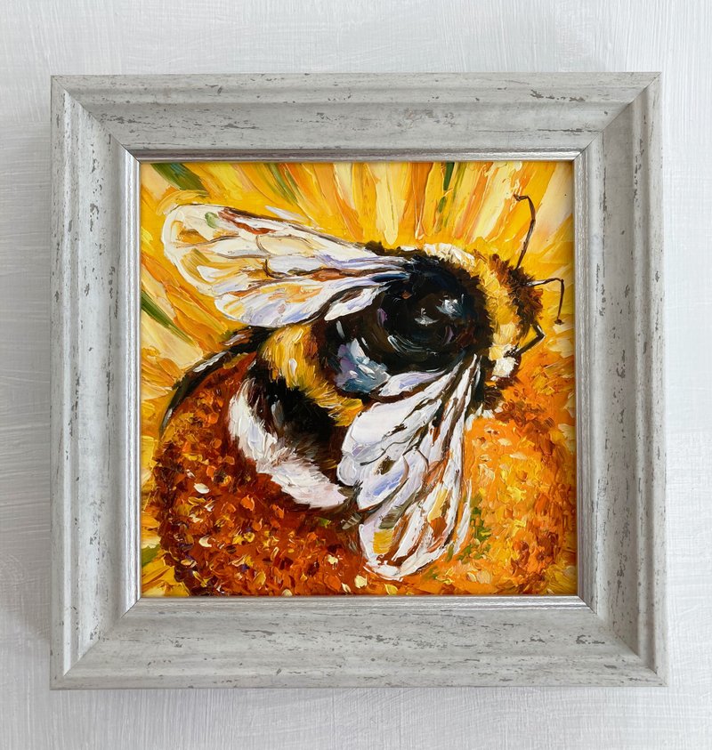 Honeybee Painting Original Artwork bumble Bee Painting Insect Art - 壁貼/牆壁裝飾 - 其他材質 
