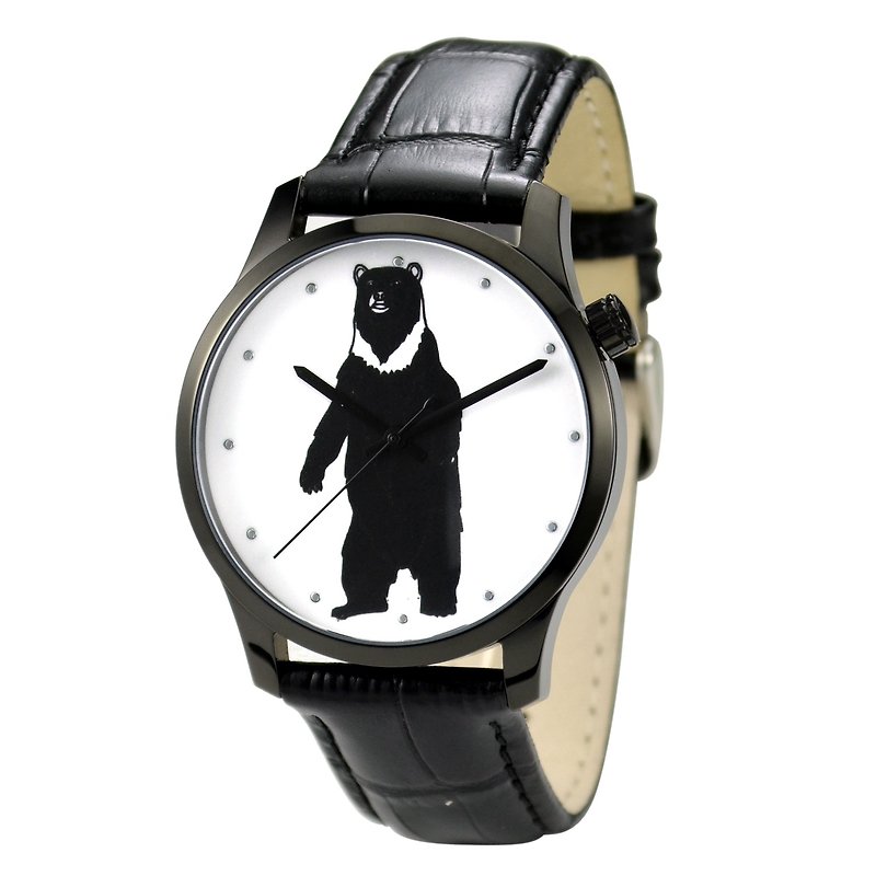 動物 (站立黑熊) 插畫手錶 黑色 大裝 全球免運 - 男錶/中性錶 - 不鏽鋼 灰色