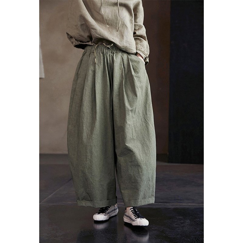 Green cotton elastic waist wide-leg pants - Women's Pants - Cotton & Hemp 